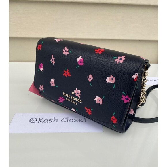 Kate Spade Crossbody Ditsy Buds Small Flap purse Black multi - Picture 2 of 9